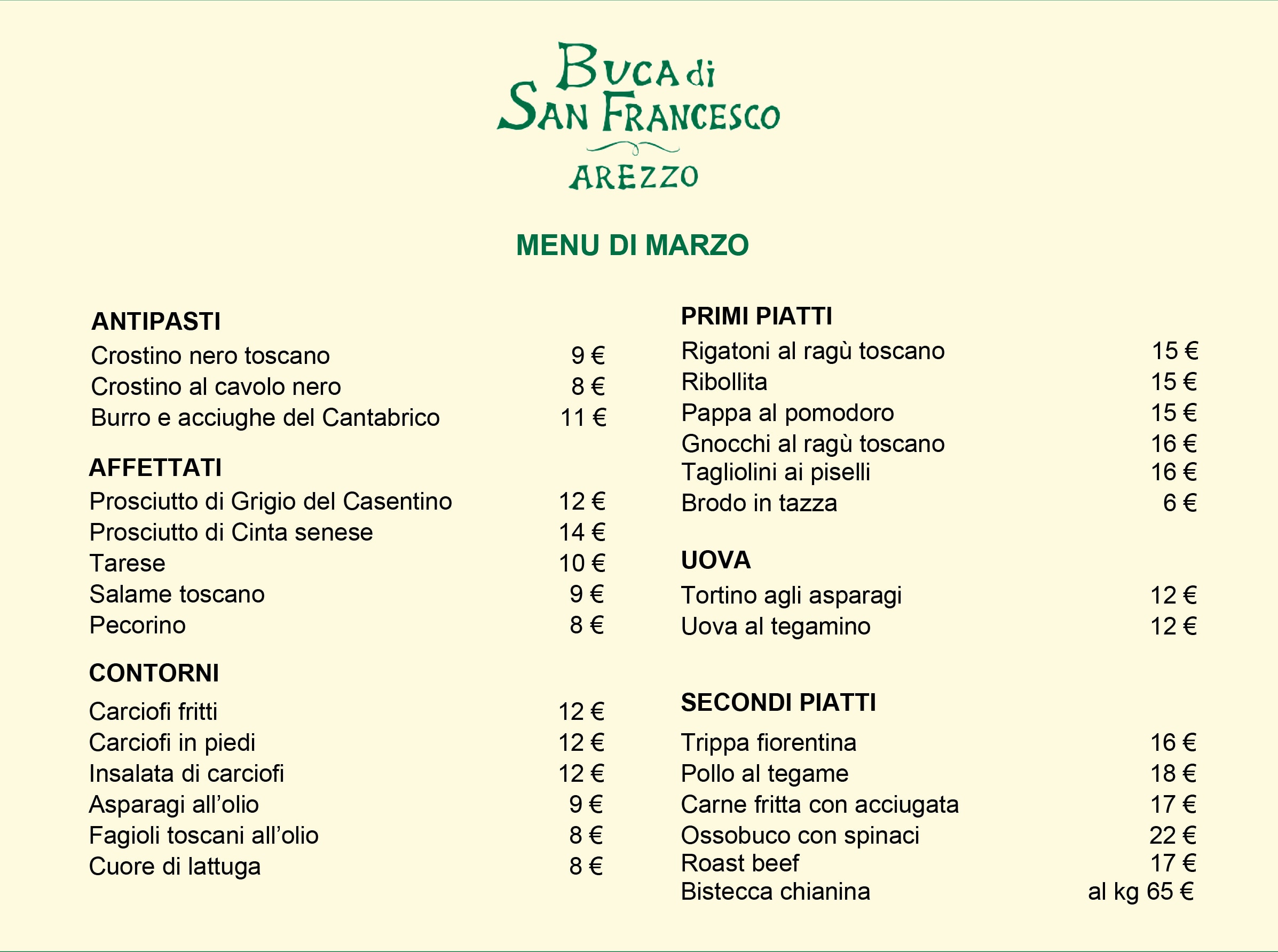 Menu Buca di San Francesco Ristorante Arezzo